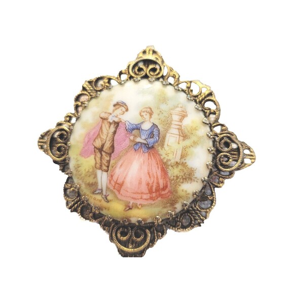 Vintage Fragonard Porcelain Cameo Courting Scene Gold Tone Brooch Pin Pendant - Picture 2 of 10